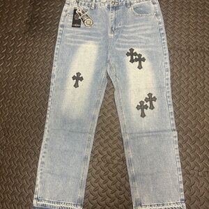 Chrome Hearts Light Blue Jeans with Black Crosses Men’s 34